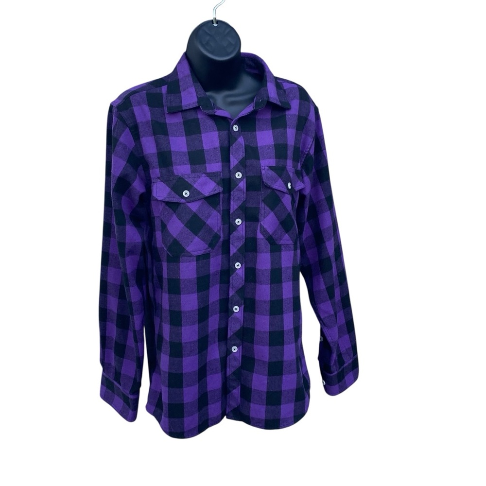 Purple and Black Checkered‎ Plaid Flannel Button Down Shirt Front Pockets Small